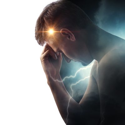 Storm sky with lightning and sun on the background of the silhouette of a man. Concept on the theme of the struggle between good and evil or the theme of medicine (migraine and headache pain ) Storm sky with lightning and sun on the background of the silhouette of a man. Concept on the theme of the struggle between good and evil or the theme of medicine (migraine and headache pain )